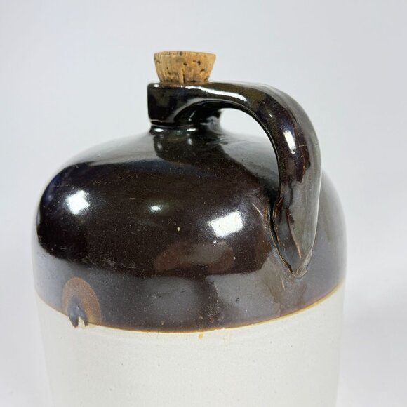 Vintage Stoneware Whiskey Jug Brown & Cream Glazed Pottery Crock w/ Cork Handle - Picture 3 of 13